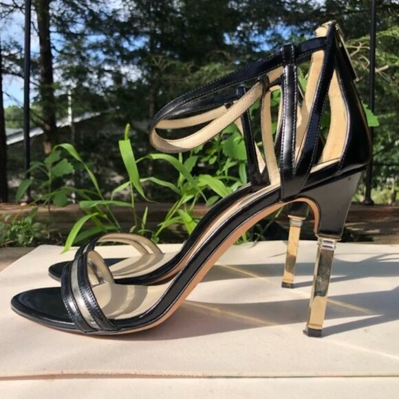 Mia Becar Leather Black Gold Heel back zipper High Heels open toe 38.5 US 8.5 - Picture 8 of 13